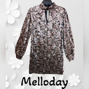 Melloday Velvet Women Mini Dress Sz S Cut Out High Neck Long Sleeves Mute Color